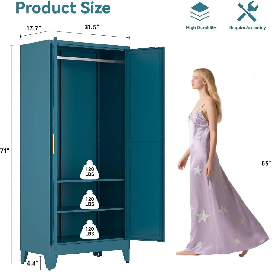 Size and shelf-load graphic for the 71-inch-tall armoire, including a 4.4-inch leg height label.