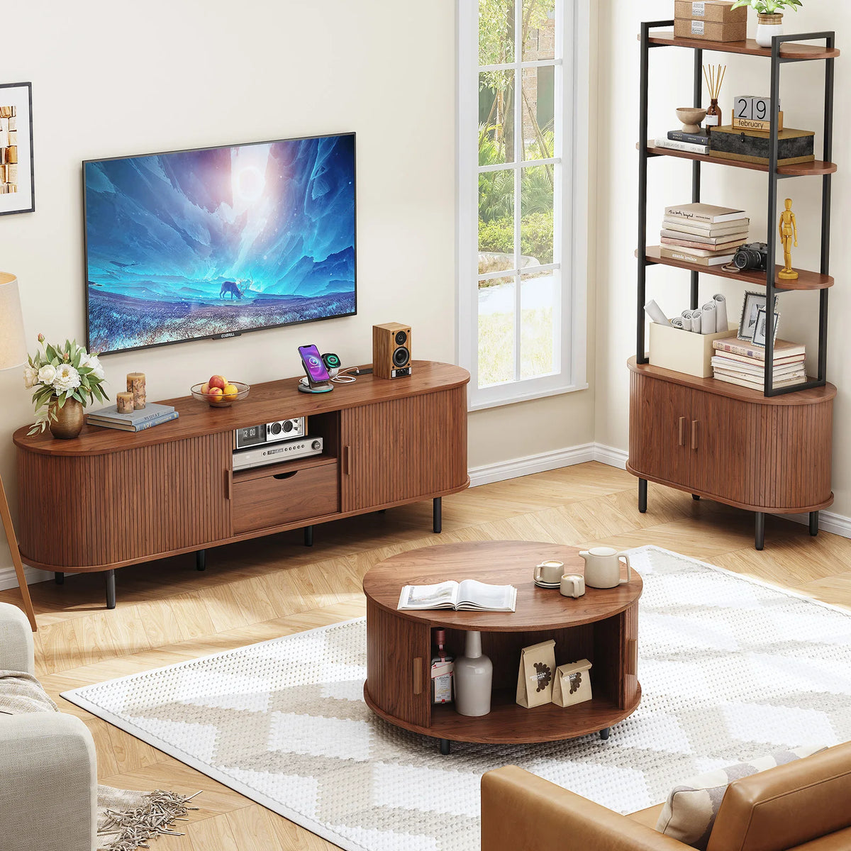 Sunbeamsong Walnut TV stand in a living room with coordinating storage furniture