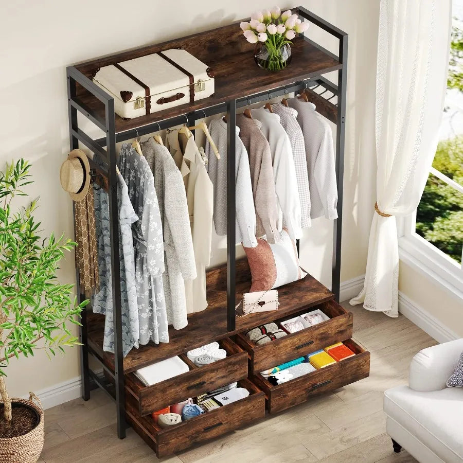 High-angle view showing the black-framed wardrobe rack with wood-look shelves and four drawers extended.