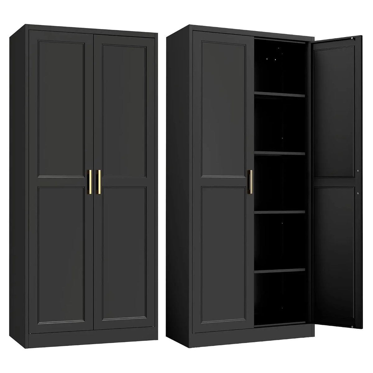 Evrienne Black variant with paneled doors, gold-tone handles and four interior shelves