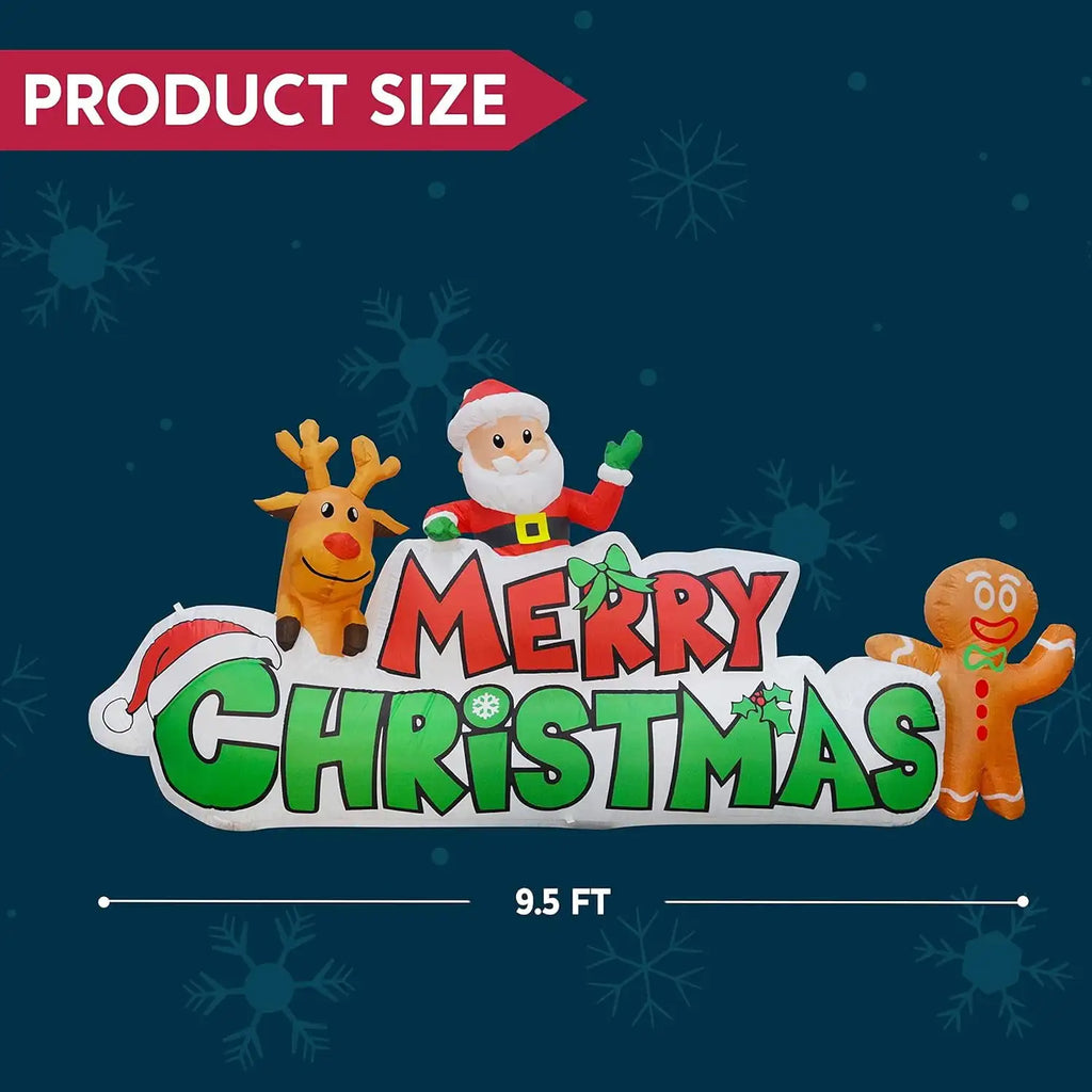 Merriglow two-line Merry Christmas sign dimension graphic indicating 9.5-foot width.
