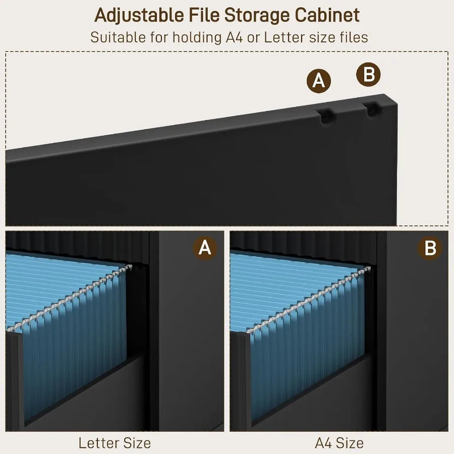 File-rail detail showing alternate positions for letter-size and international-format folders.