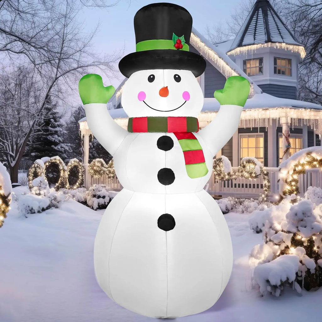 Hollymitt white snowman with raised green mittens, striped scarf and black top hat with holly.