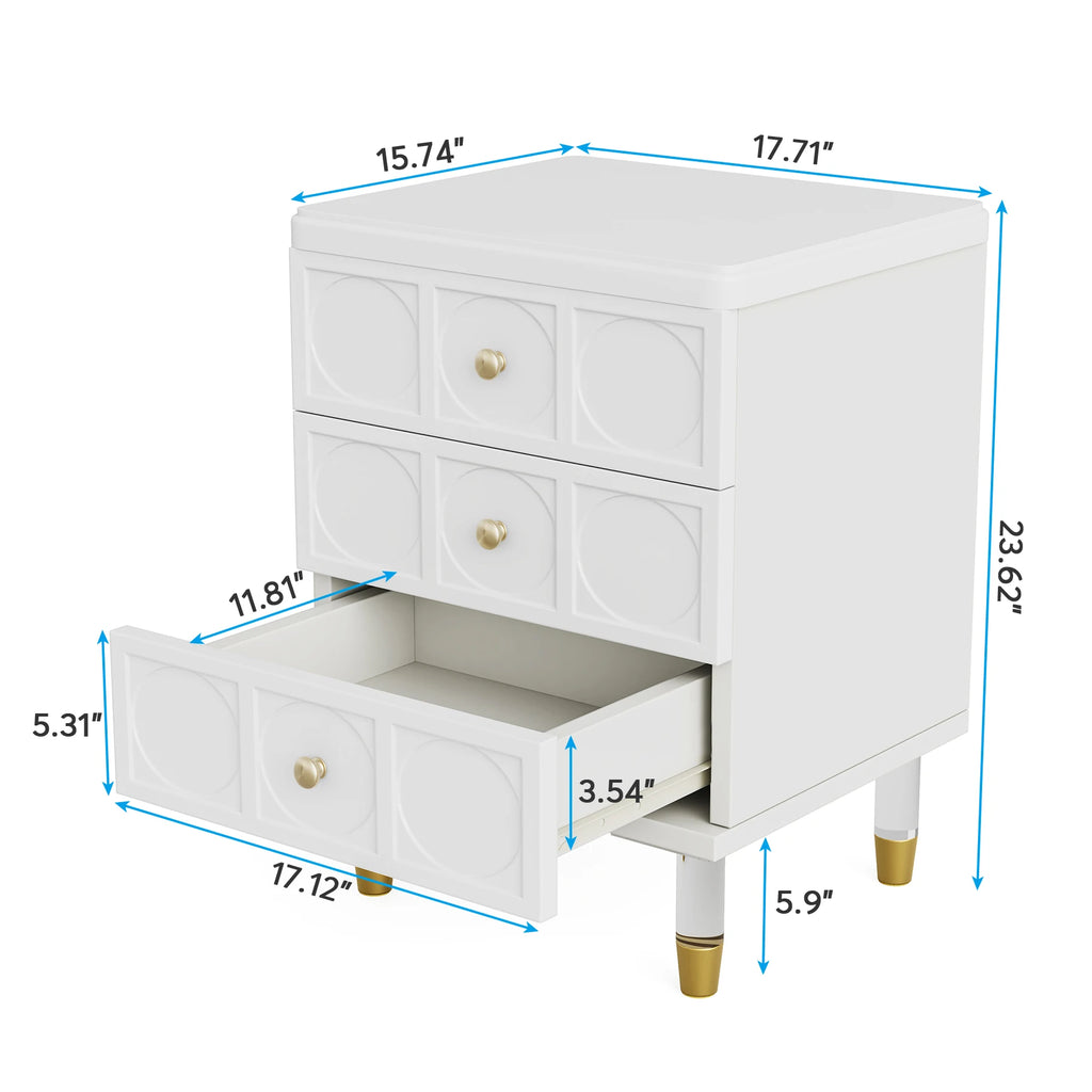 White dresser with gold legs and handles, shown with dimensions on a white background