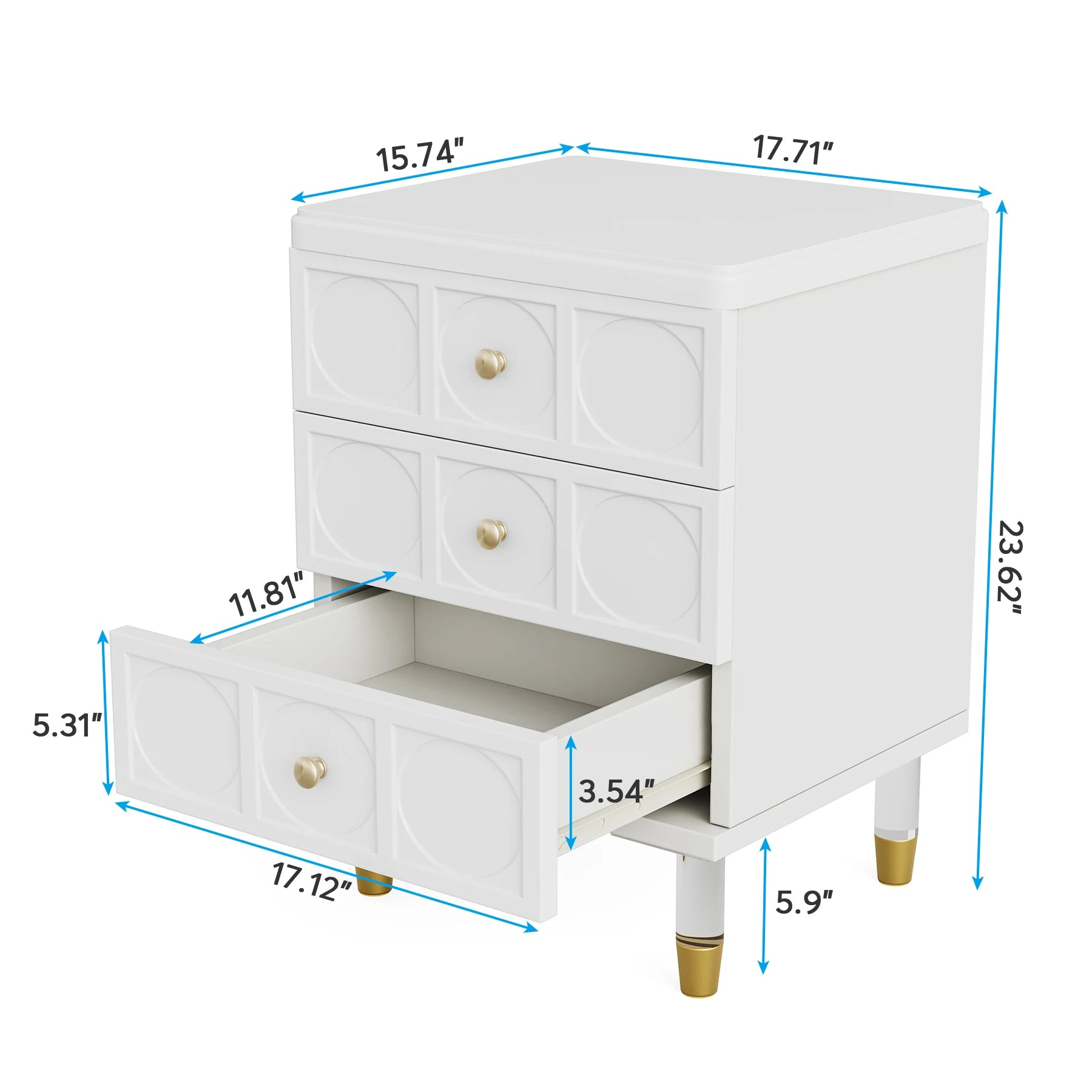 White dresser with gold legs and handles, shown with dimensions on a white background