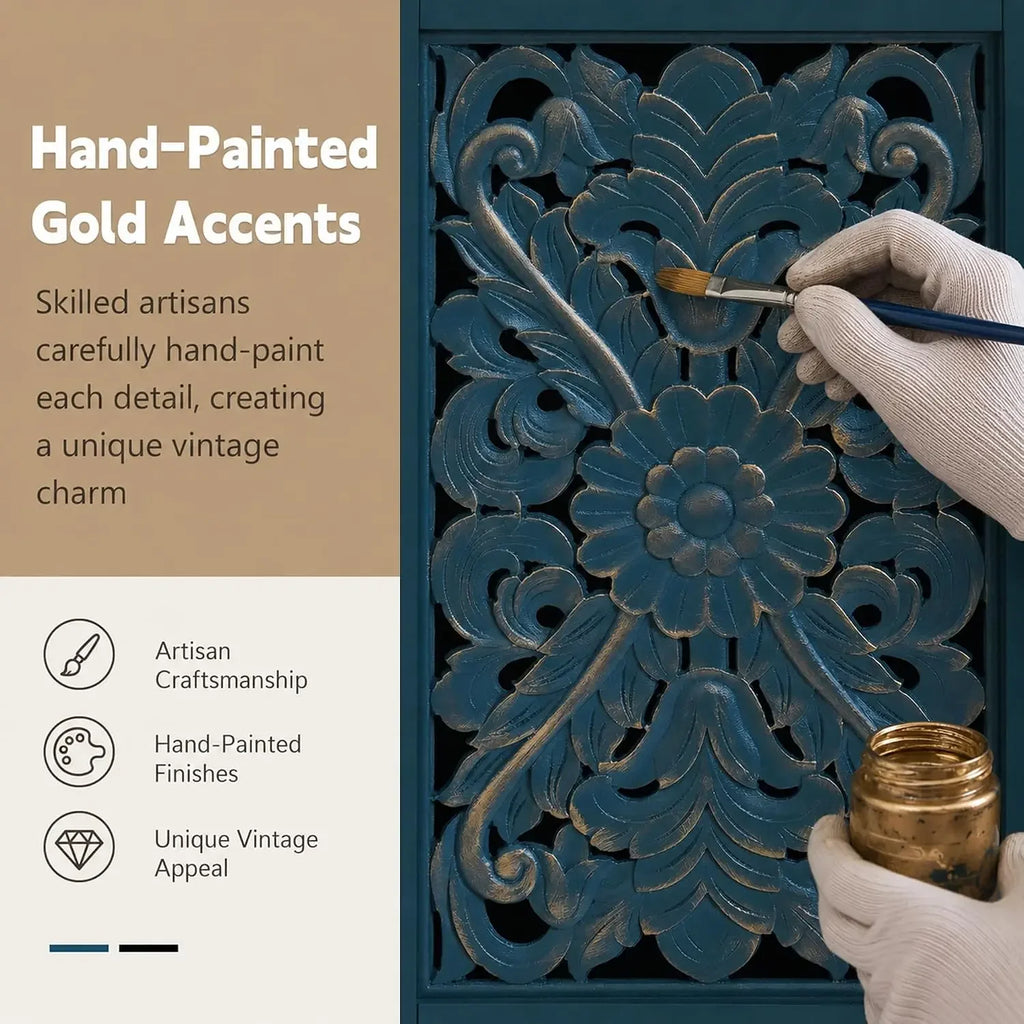 Gold-tone floral carved accents on deep blue cabinet door close-up