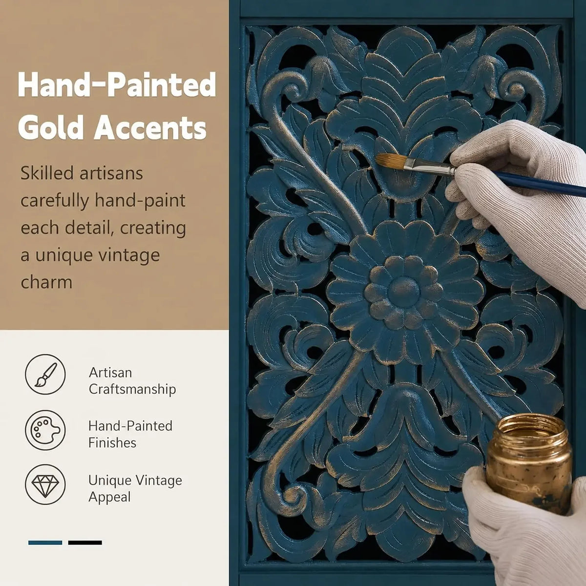 Gold-tone floral carved accents on deep blue cabinet door close-up