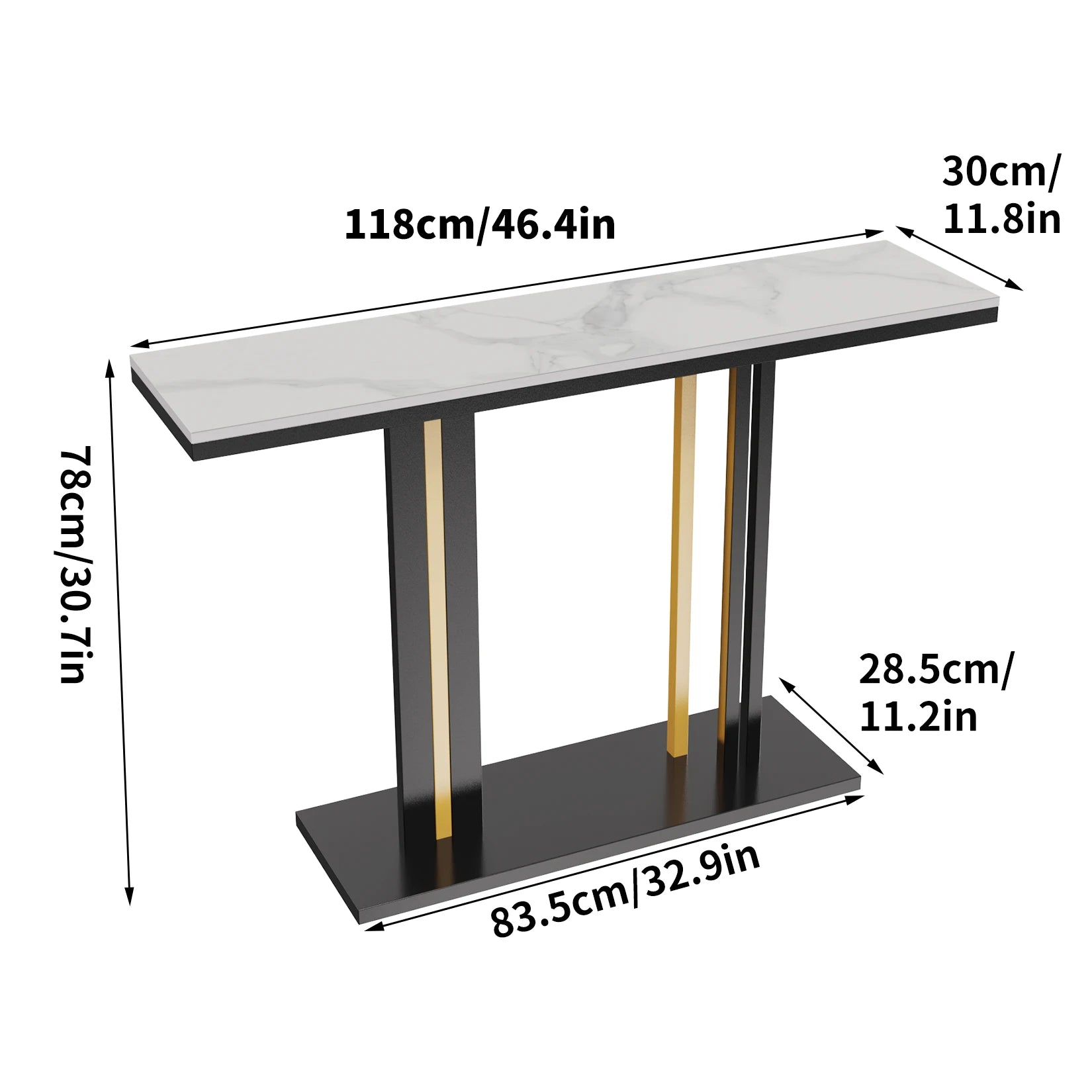 Console table with dimensions labeled on a white background