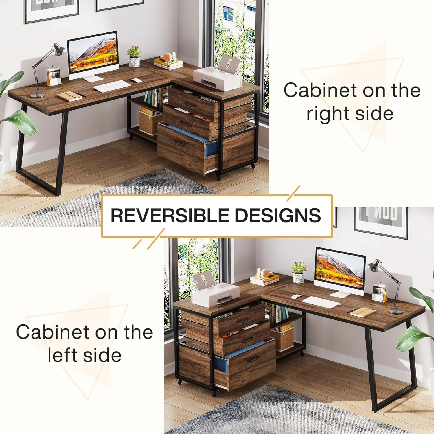L-Shaped Computer Desk with Drawers & Shelves – Rustic Brown