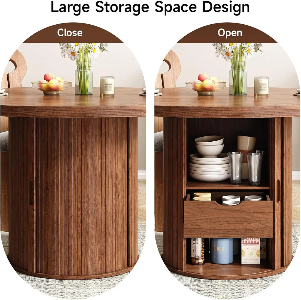 Rhymelark curved sliding door shown closed and open with drawer extended