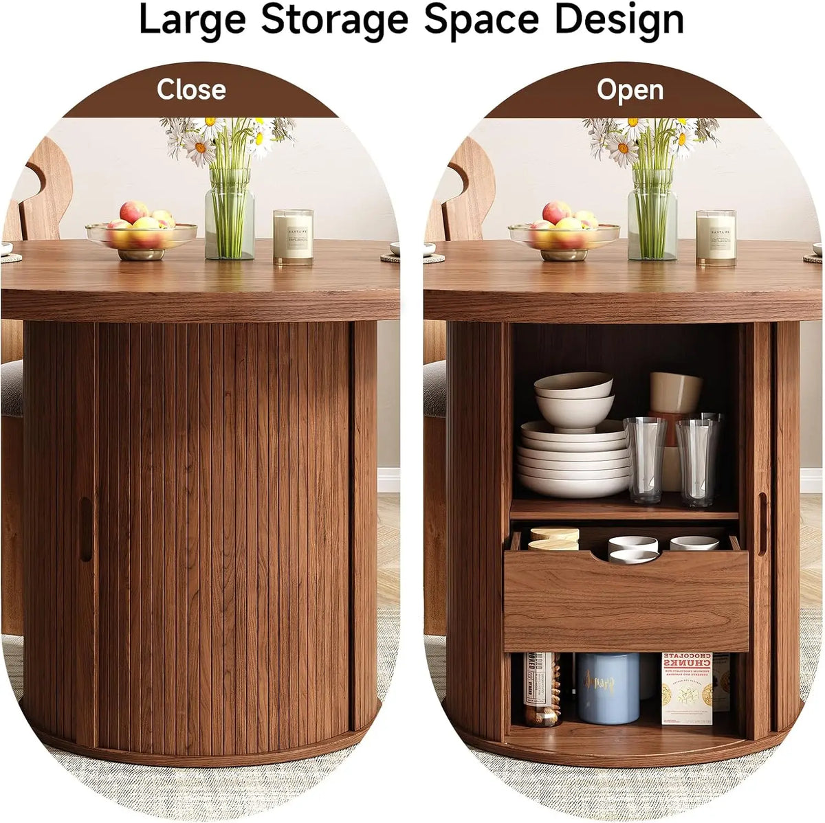 Rhymelark curved sliding door shown closed and open with drawer extended