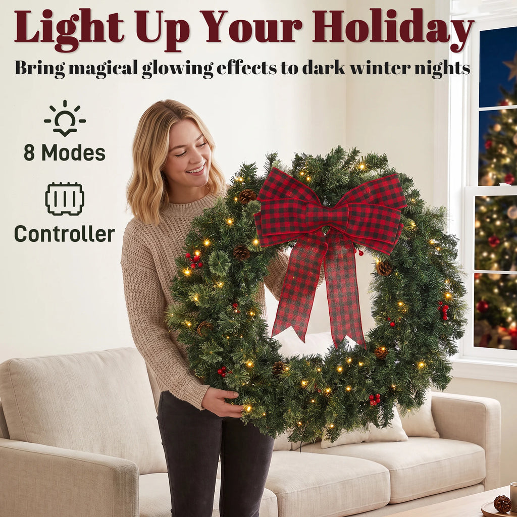 Berrivale wreath lighting feature graphic showing eight modes and controller operation