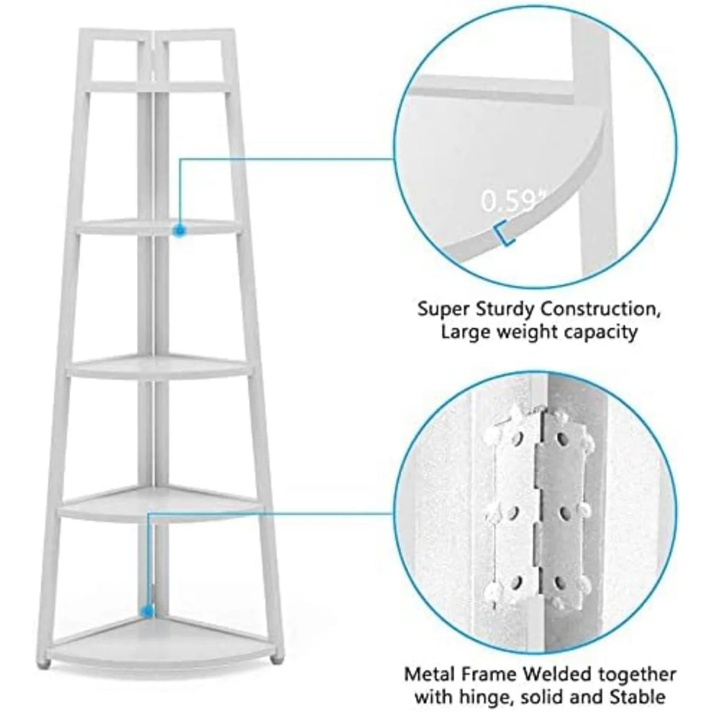 White corner shelf with sturdiness features highlighted on a white background