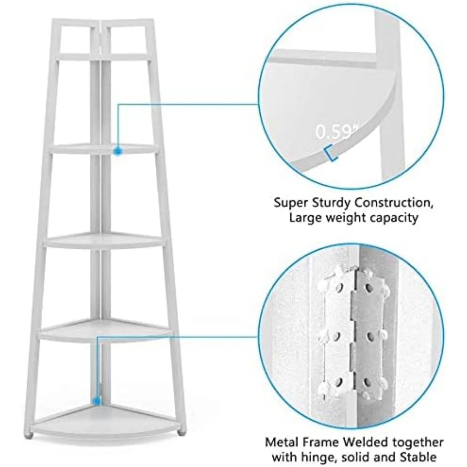 White corner shelf with sturdiness features highlighted on a white background