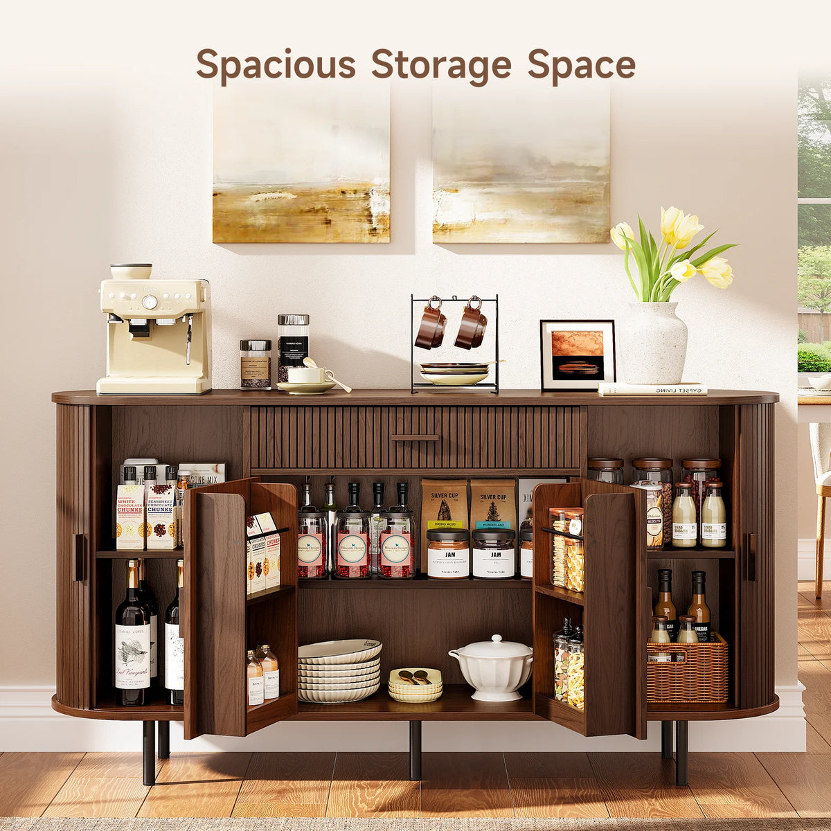 Walnut Cindersong with sliding side compartments and hinged center doors open