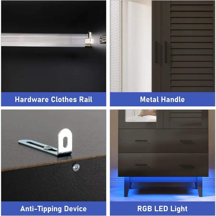 Close-ups of wardrobe hardware, including the hanging rail, metal pulls, wall-attachment bracket, and RGB light strip.