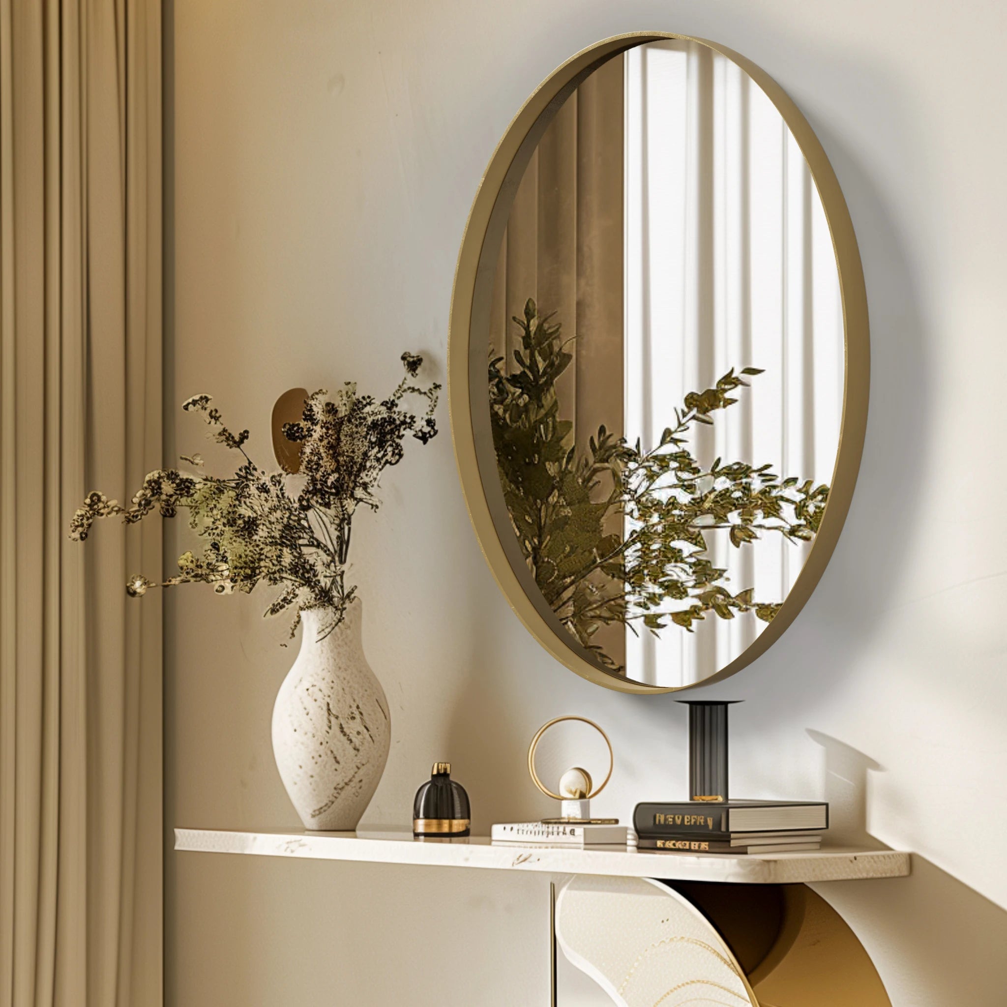 Oval Gold-Framed Wall Mirror