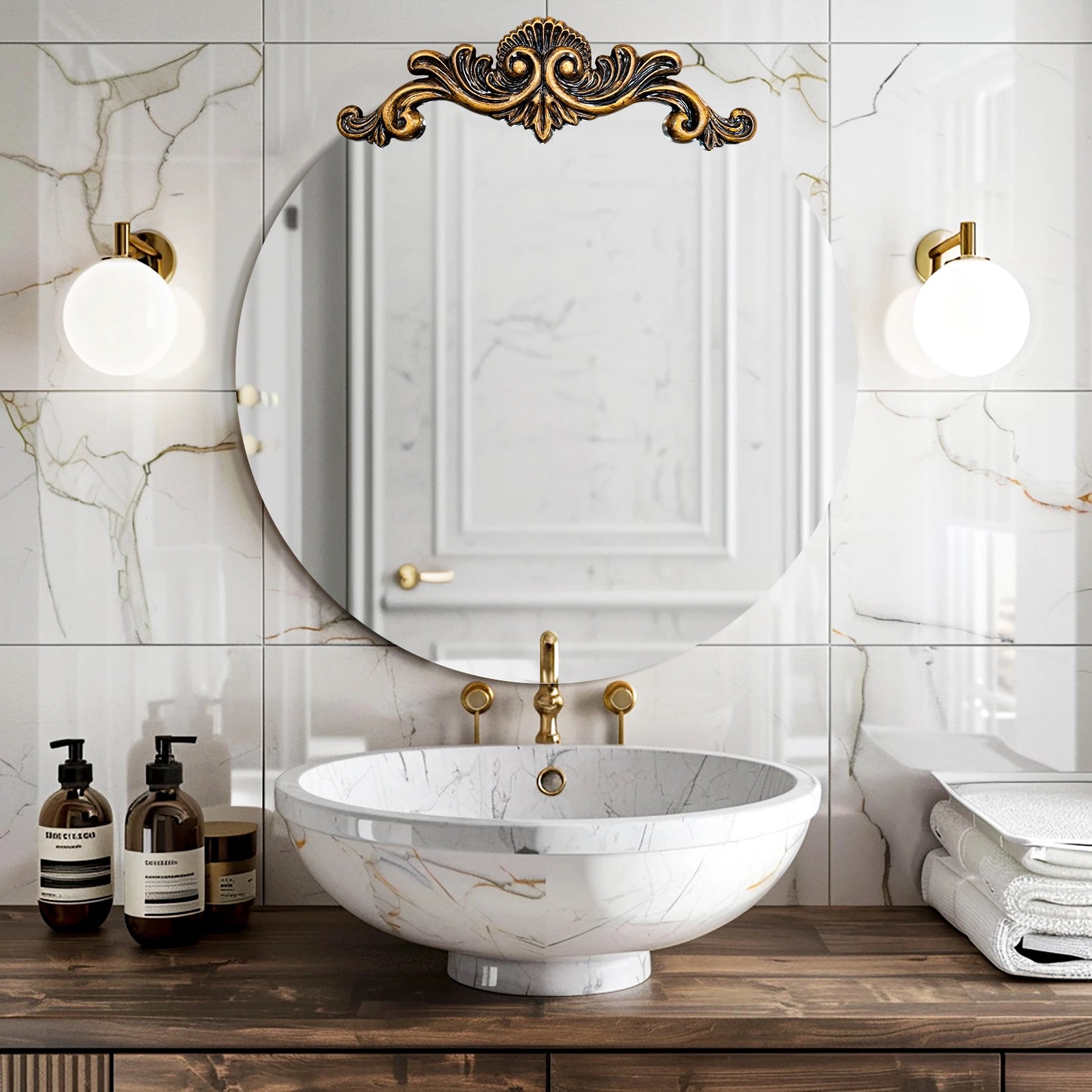 Oval & Round Baroque Wall Mirror with Ornate Crest