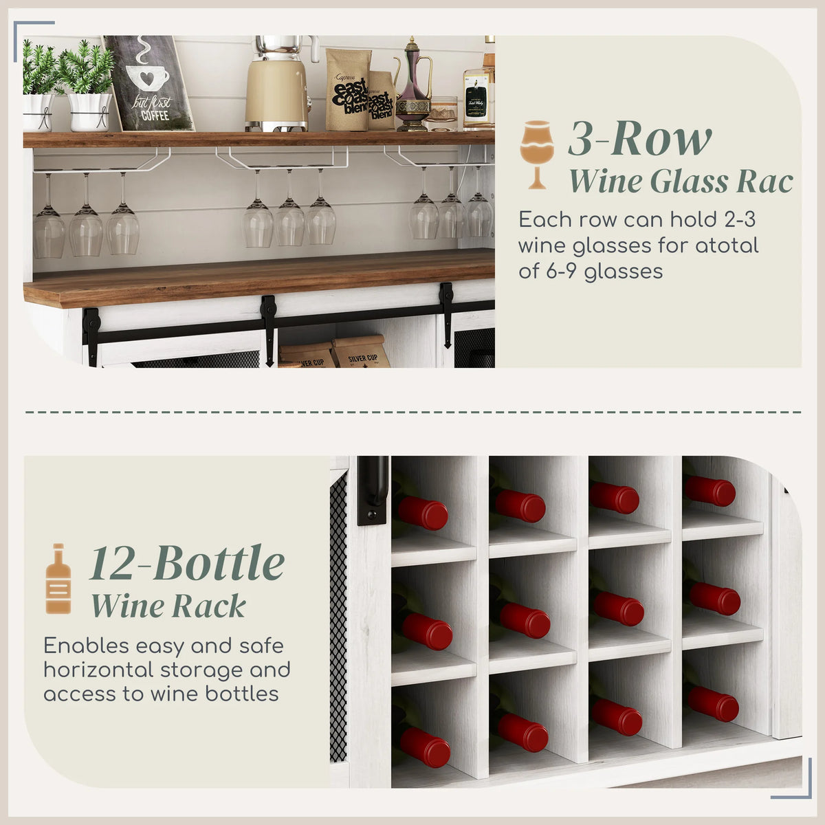 Crestmere three-row stemware holder and twelve-bottle storage grid