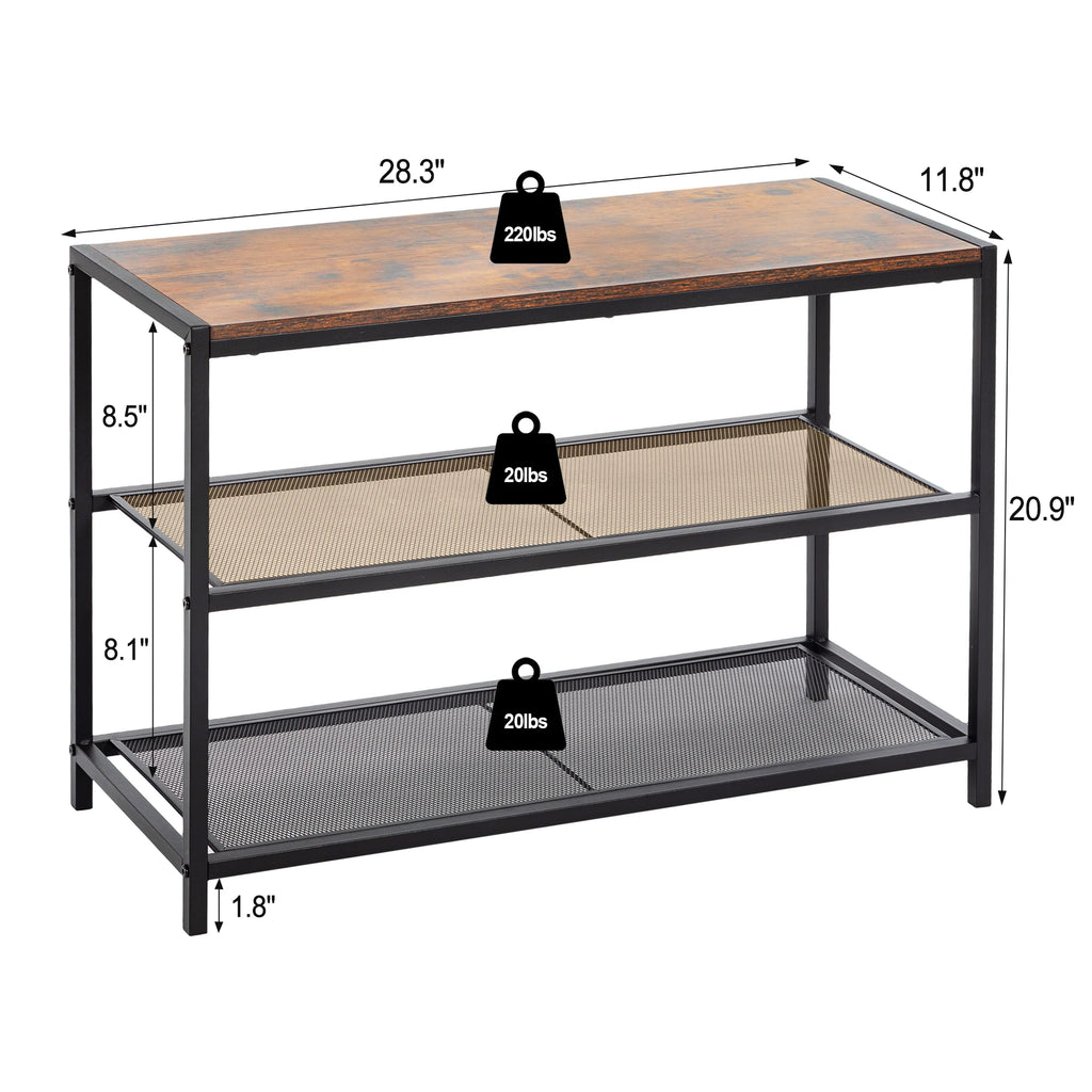 Three-tiered metal shelf with wooden top and measurements on a white background