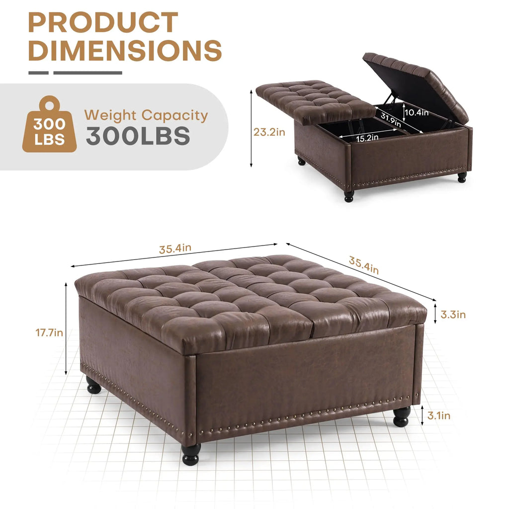 Hearthlift dimension graphic showing a 35.4-inch square ottoman with 17.7-inch closed height.
