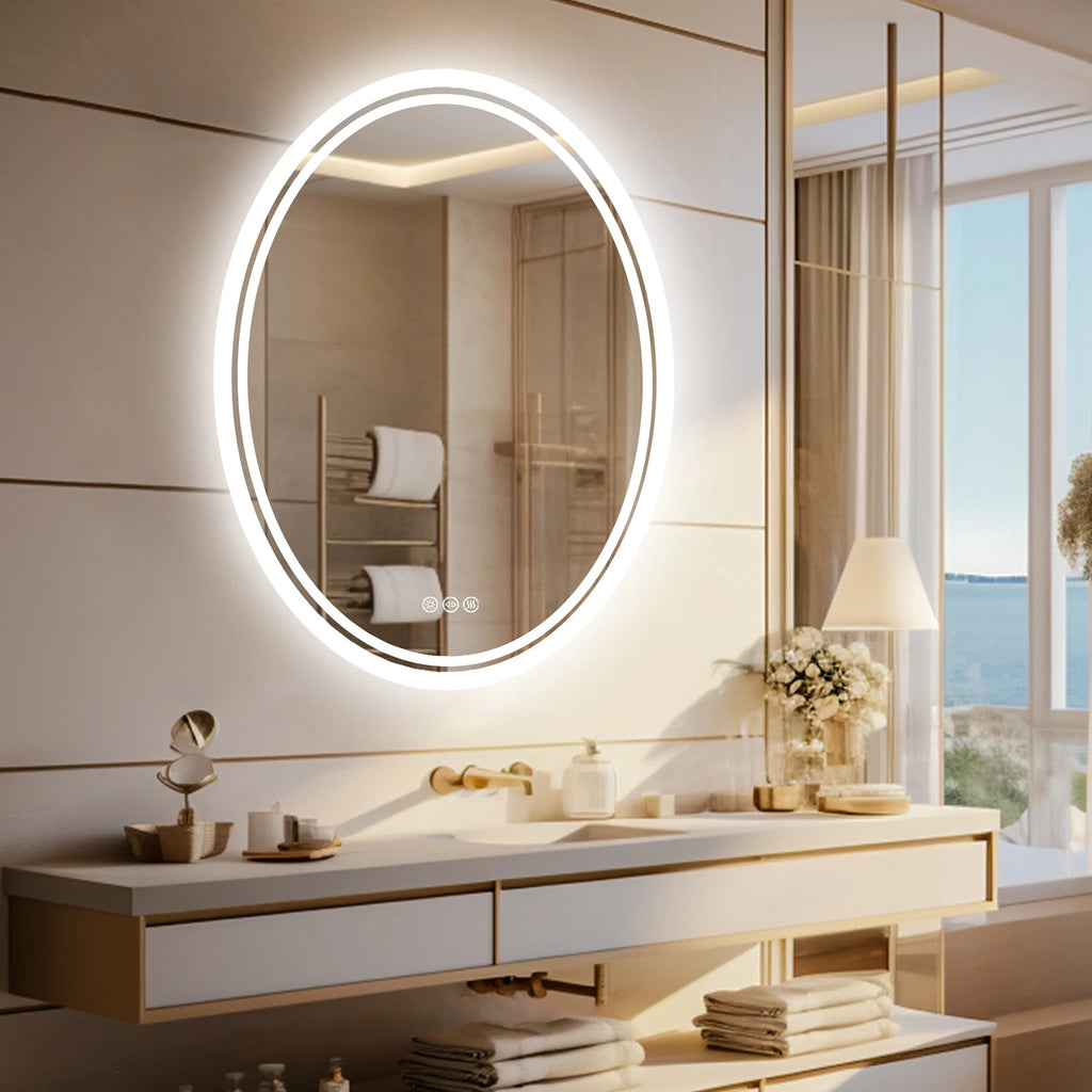 Oval LED Backlit Bathroom Mirror – Anti-Fog, Touch Sensor, Silver Finish