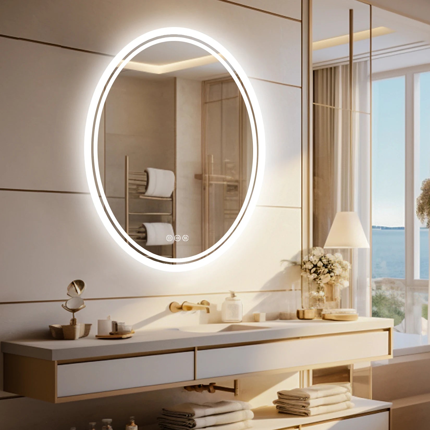 Oval LED Backlit Bathroom Mirror – Anti-Fog, Touch Sensor, Silver Finish