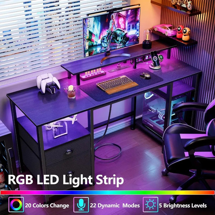 Adjustable RGB lighting illustrated beneath the desk monitor riser