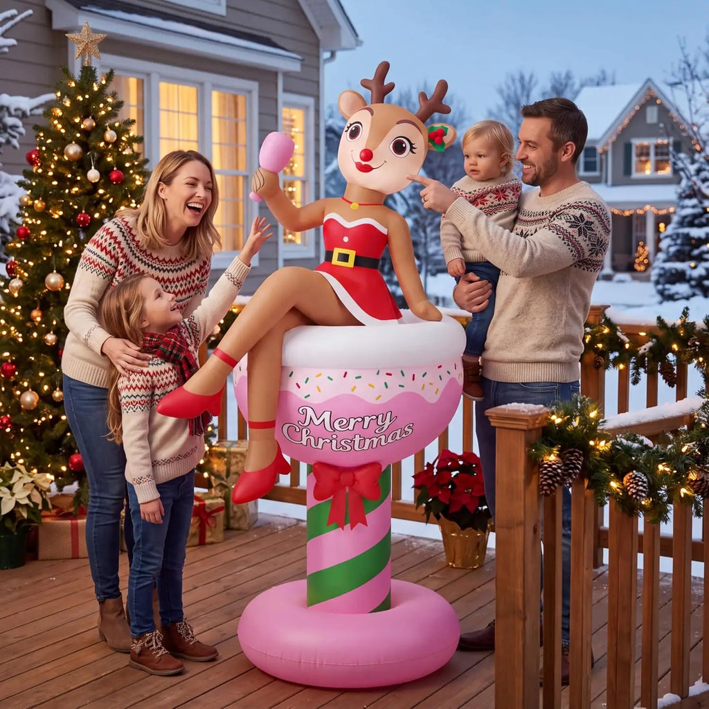 Fizzbelle pink cocktail-glass reindeer decoration in a family holiday yard setting.