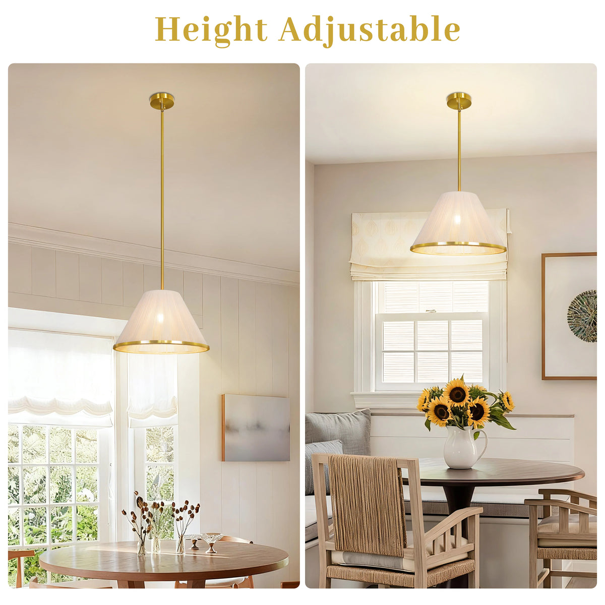 Loomveil pendant shown at two hanging heights above a round dining table.