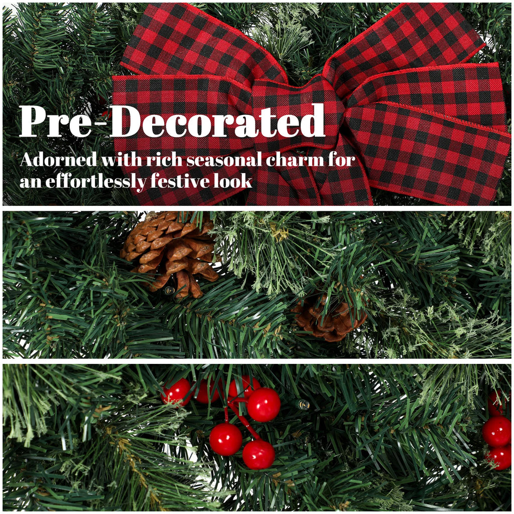 Close-up of Berrivale's buffalo plaid bow, pinecones, red berry accents, and artificial greenery