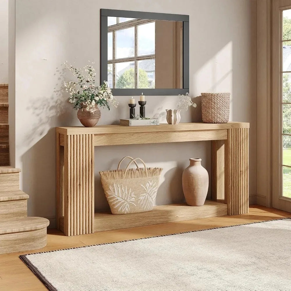 Wood-look entryway console table with baskets on open lower shelf