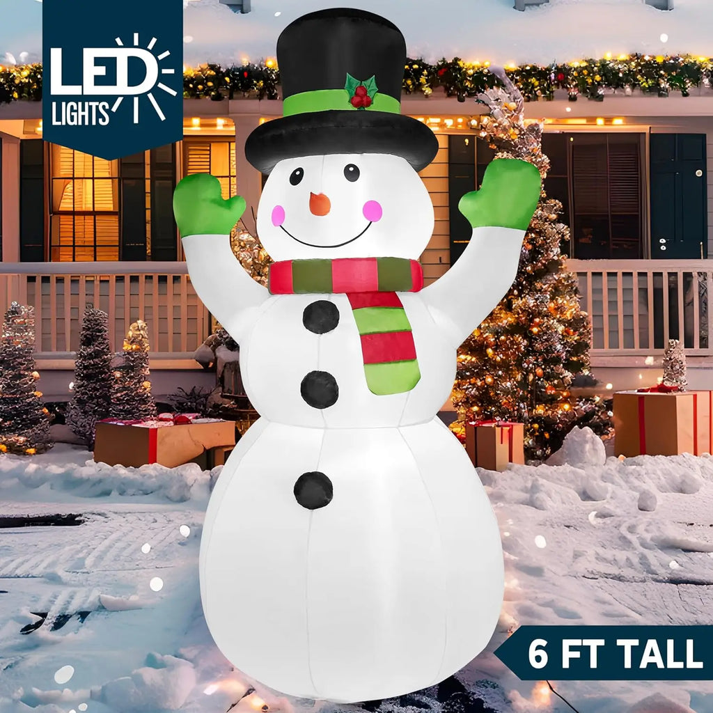 Hollymitt snowman illuminated in a Christmas yard with a six-foot height label.