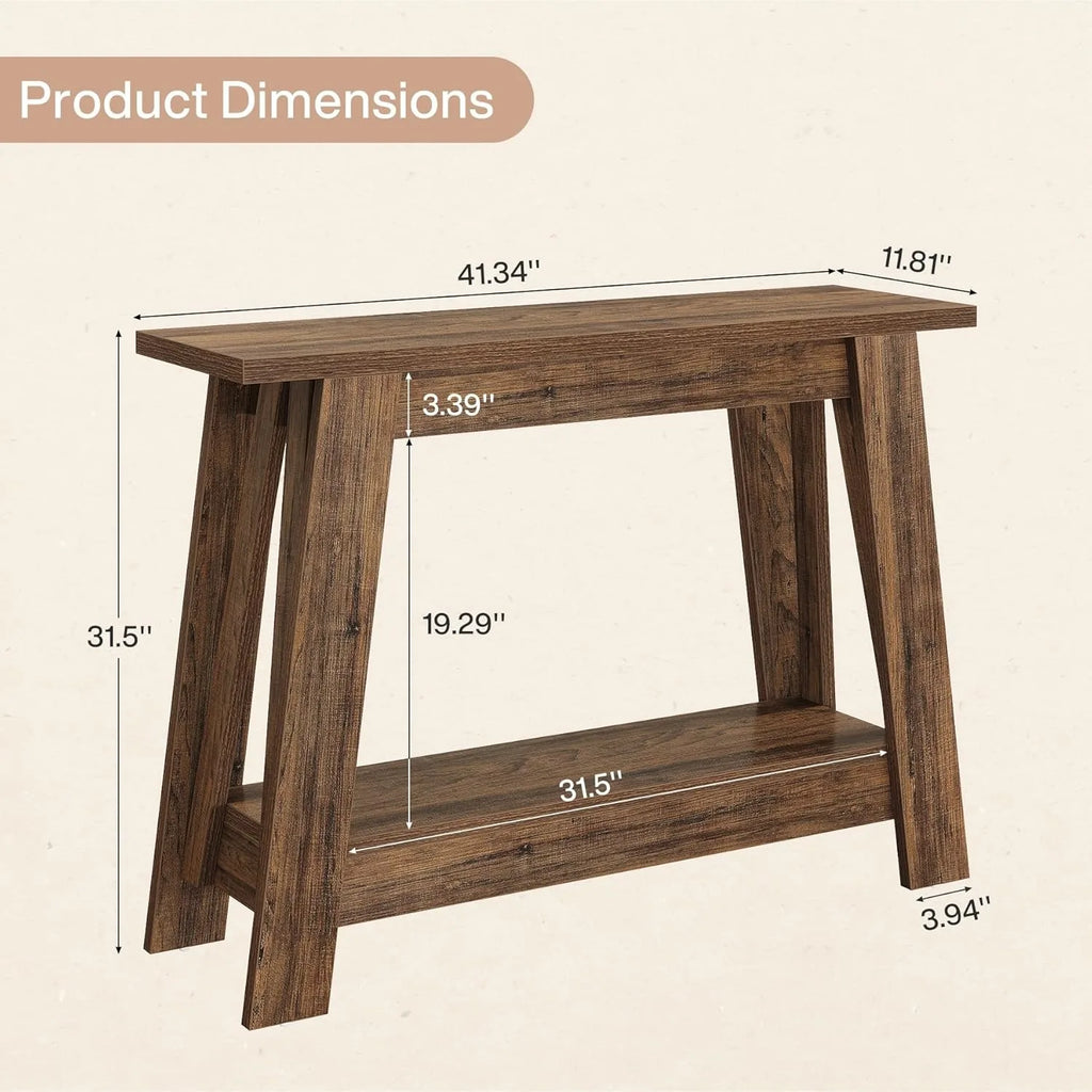 Wooden console table with dimensions on a beige background