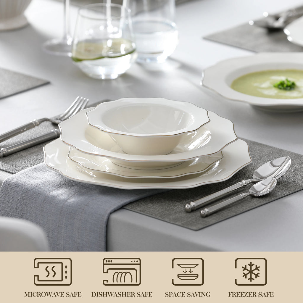 MALACASA LOTUS 16-Piece White Ceramic Dinnerware Set with Gold Rim