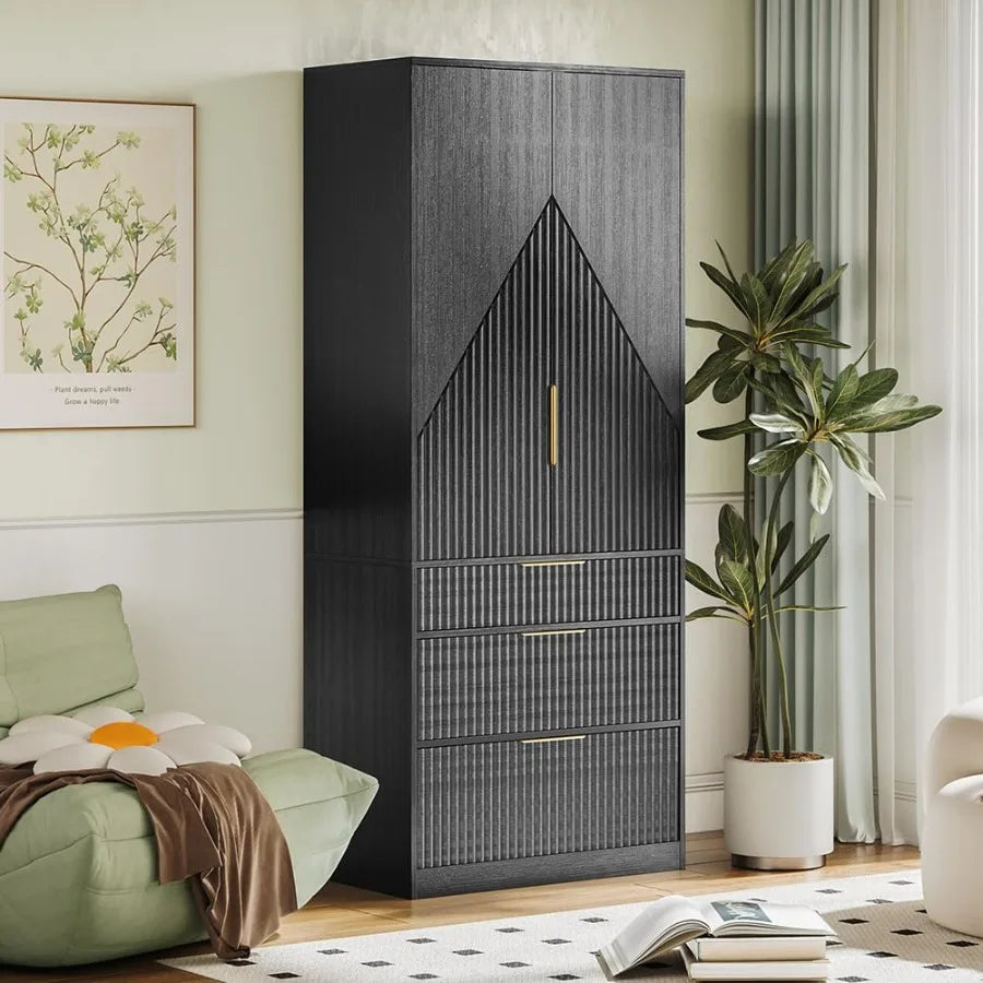 Black wardrobe with geometric fluted doors and three drawers
