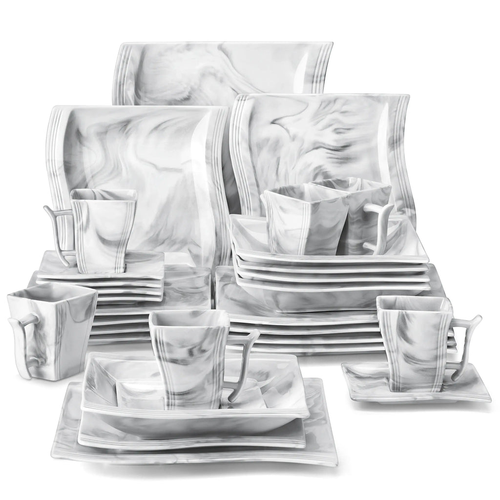MALACASA Flora Gray & White Marble Porcelain Dinnerware Set – 30/60 Pieces