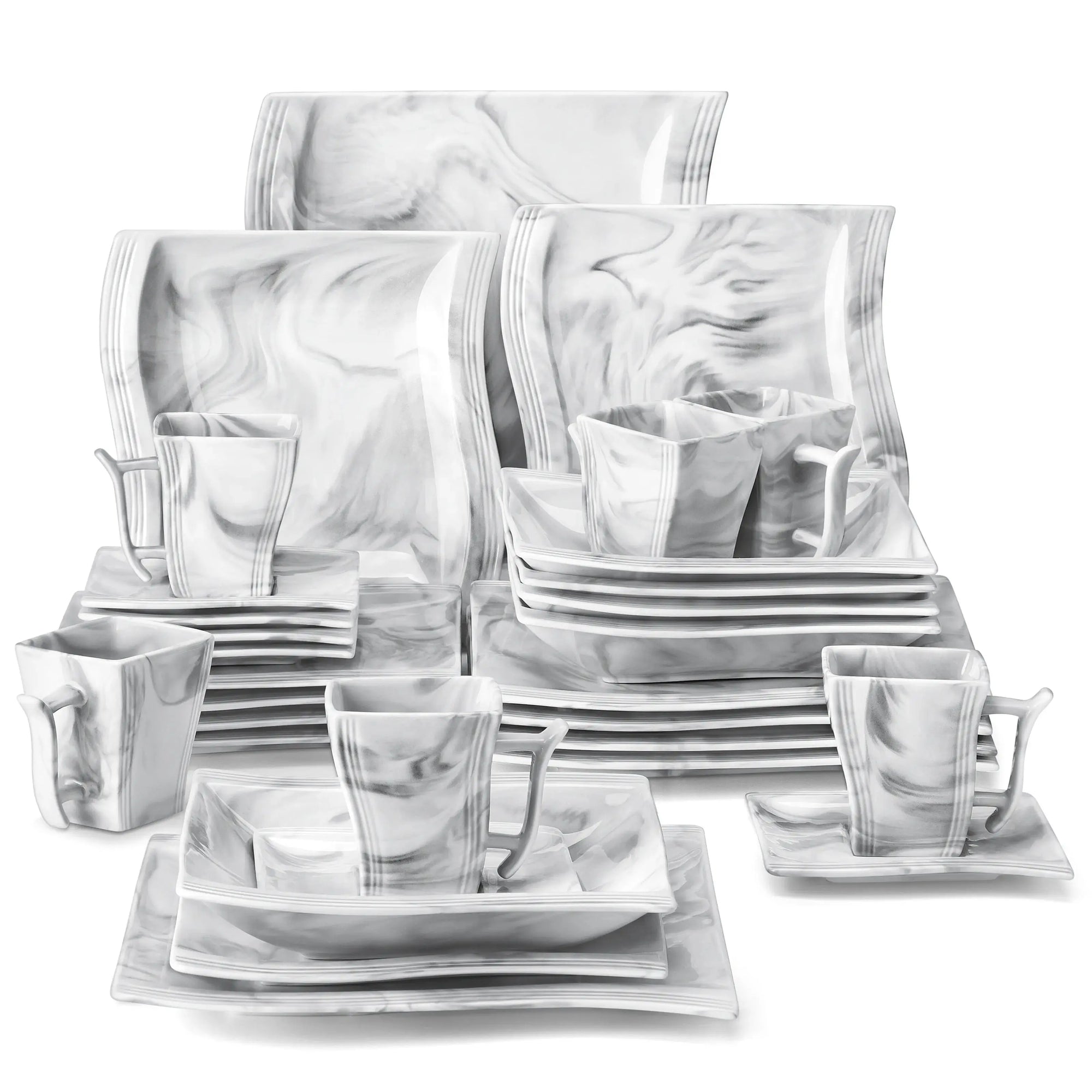 MALACASA Flora Gray & White Marble Porcelain Dinnerware Set – 30/60 Pieces