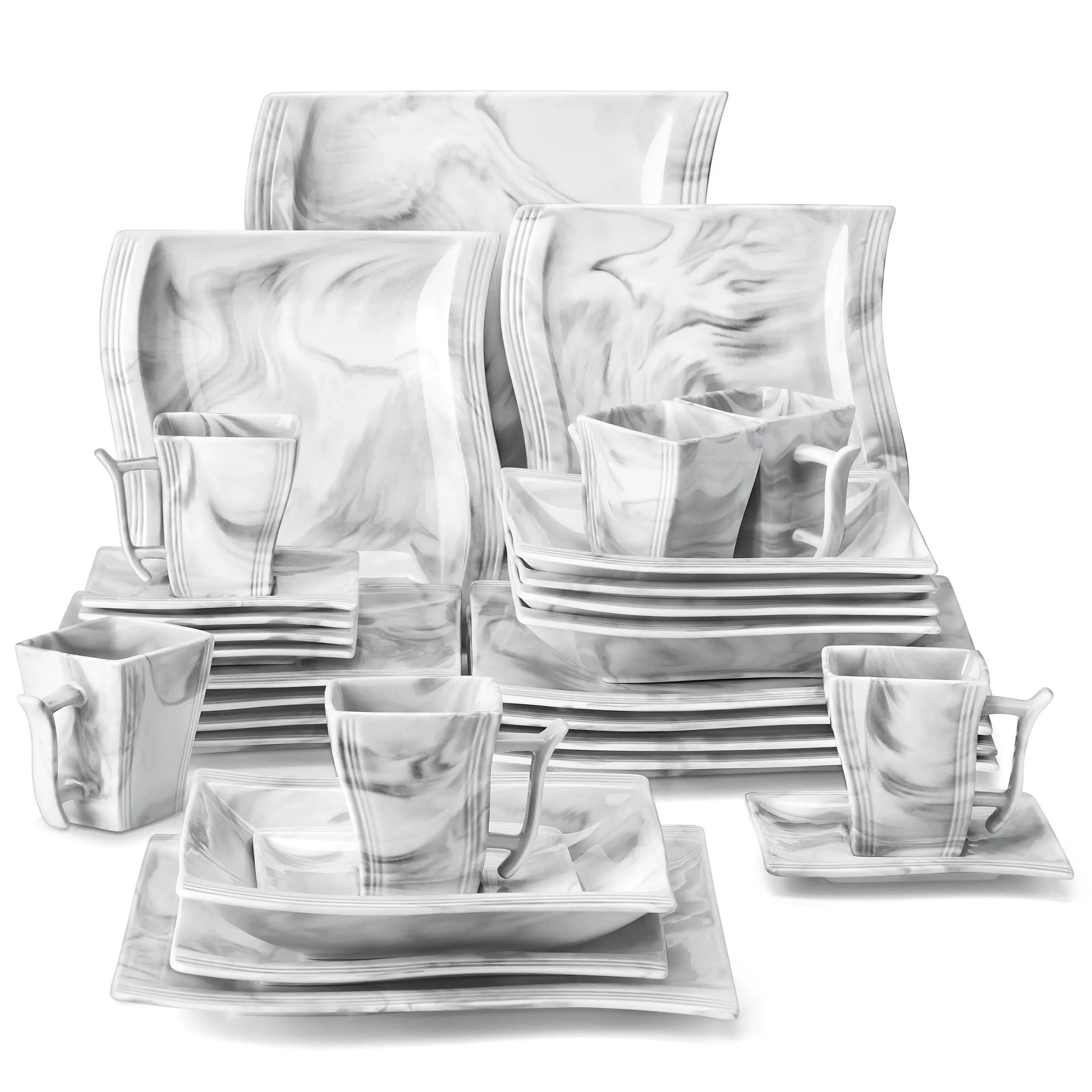 MALACASA Flora Gray & White Marble Porcelain Dinnerware Set – 30/60 Pieces