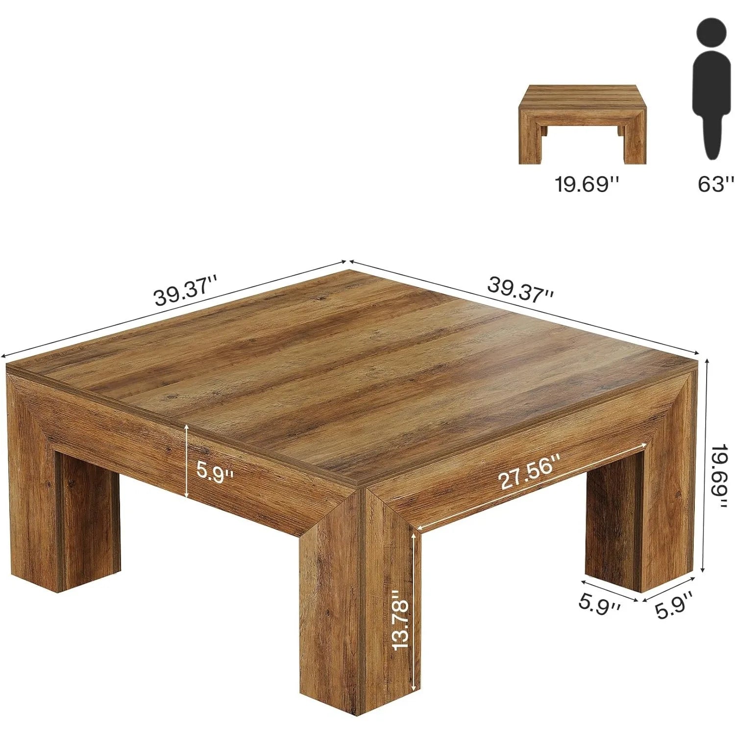Wooden coffee table with dimensions labeled on a white background