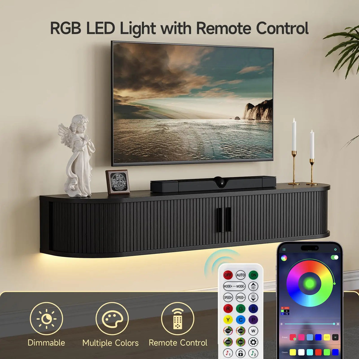 Black cabinet lighting graphic illustrating multicolor light, a remote control and a phone color-wheel screen.