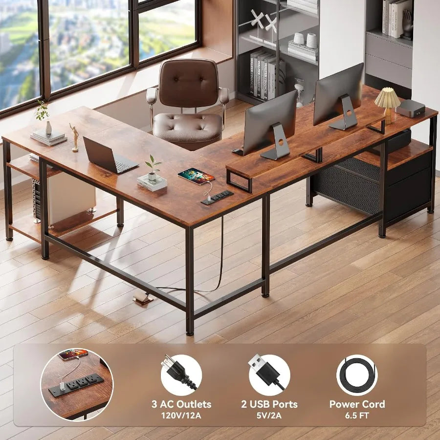 Built-in outlet panel and cable details on the reversible corner desk