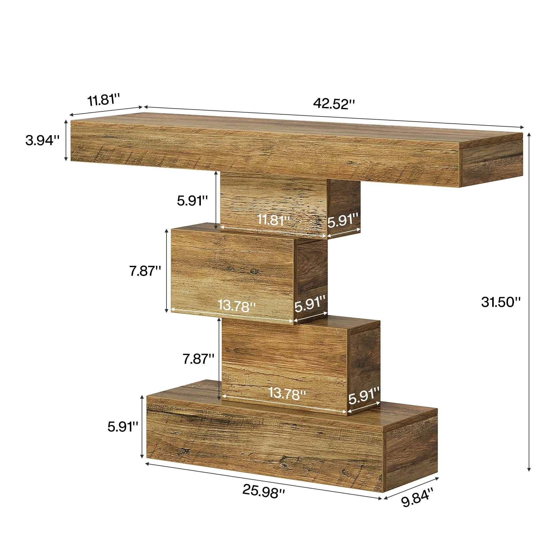 Wooden table with dimensions labeled on a white background