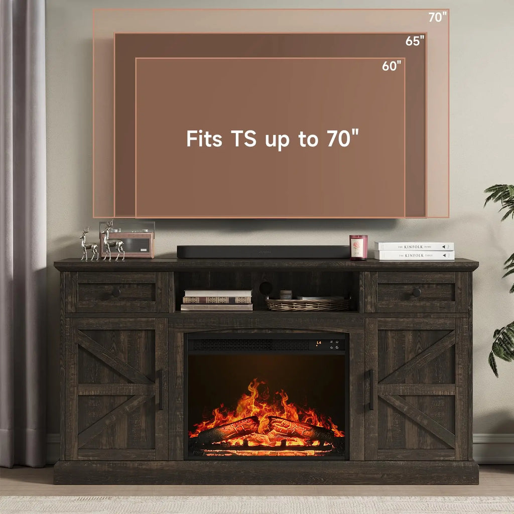 TV-size graphic showing 60, 65 and 70 in television silhouettes above the fireplace stand.