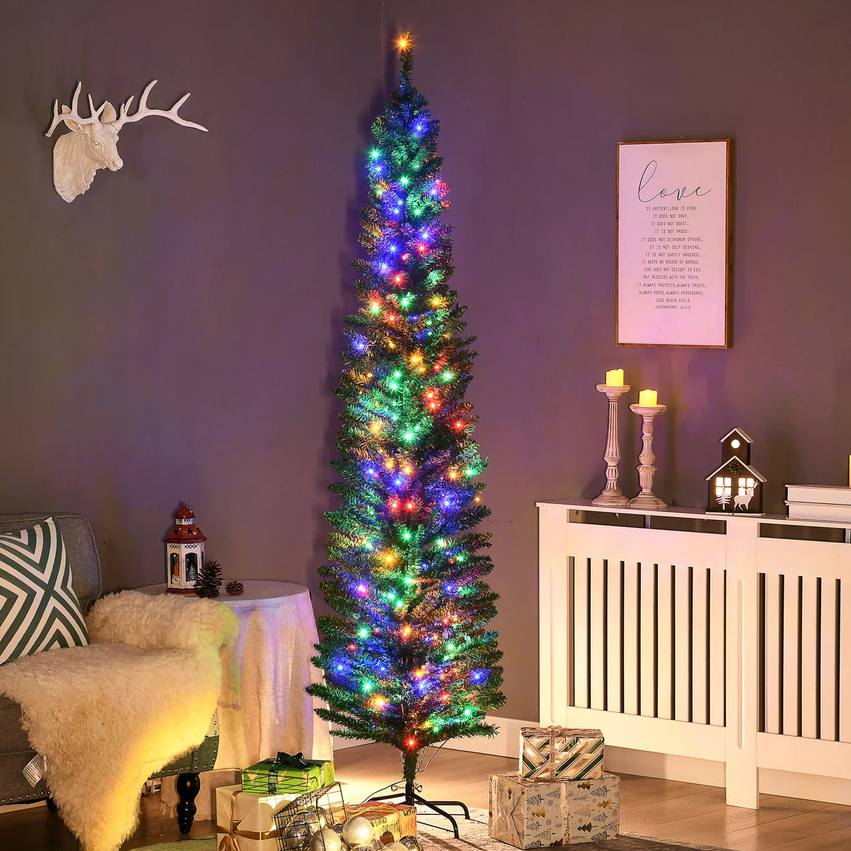 Prismpine pre-lit pencil Christmas tree displayed in an indoor holiday setting