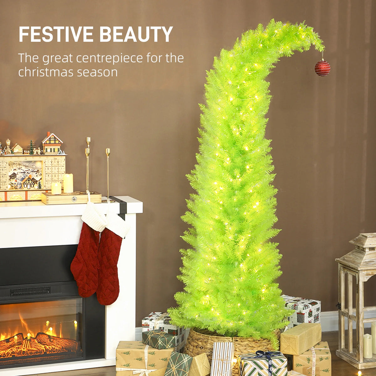 Merrycurve bent-top pre-lit Christmas tree displayed beside a fireplace