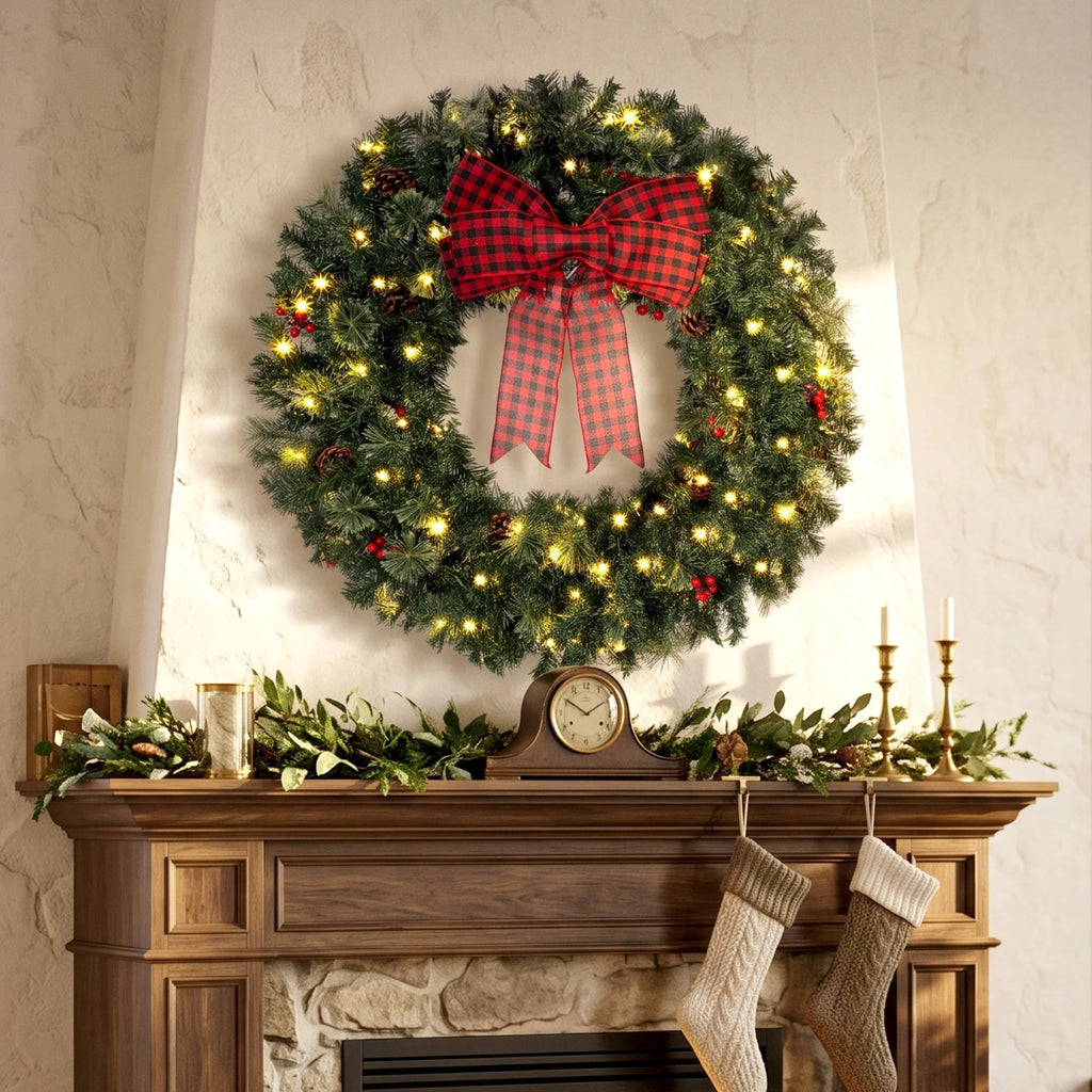 Berrivale 36-inch Christmas wreath displayed above a traditional wood mantel