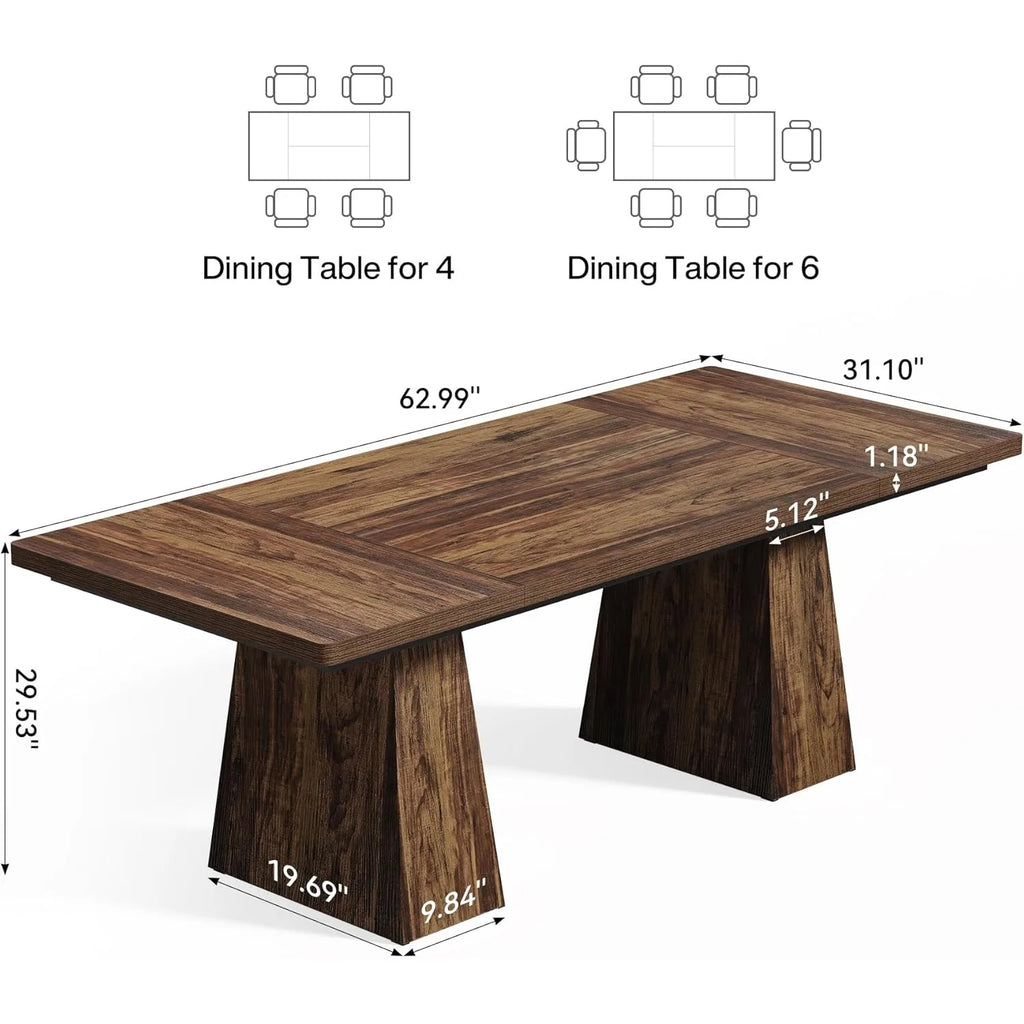 Wooden dining table with dimensions for seating 4 and 6 people on a white background