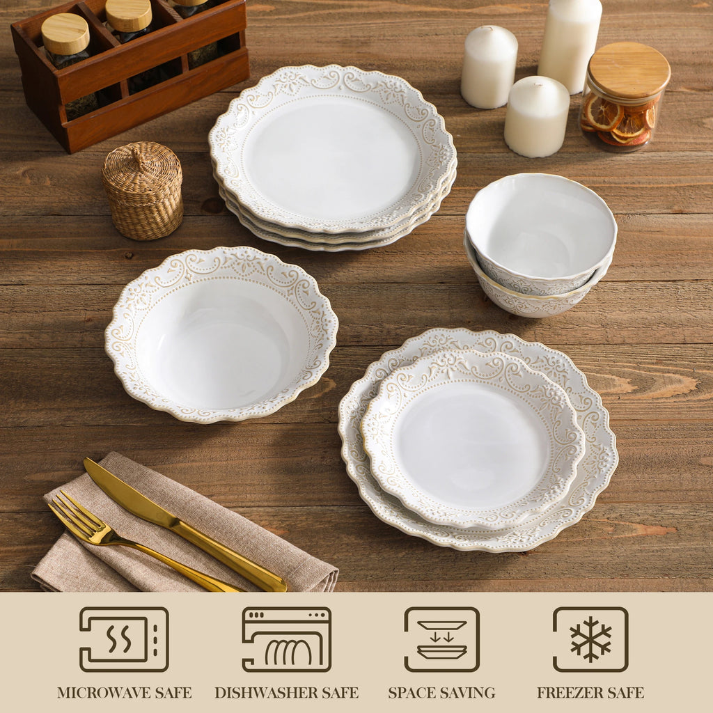 Scalloped relief dinnerware with microwave, dishwasher and freezer care icons