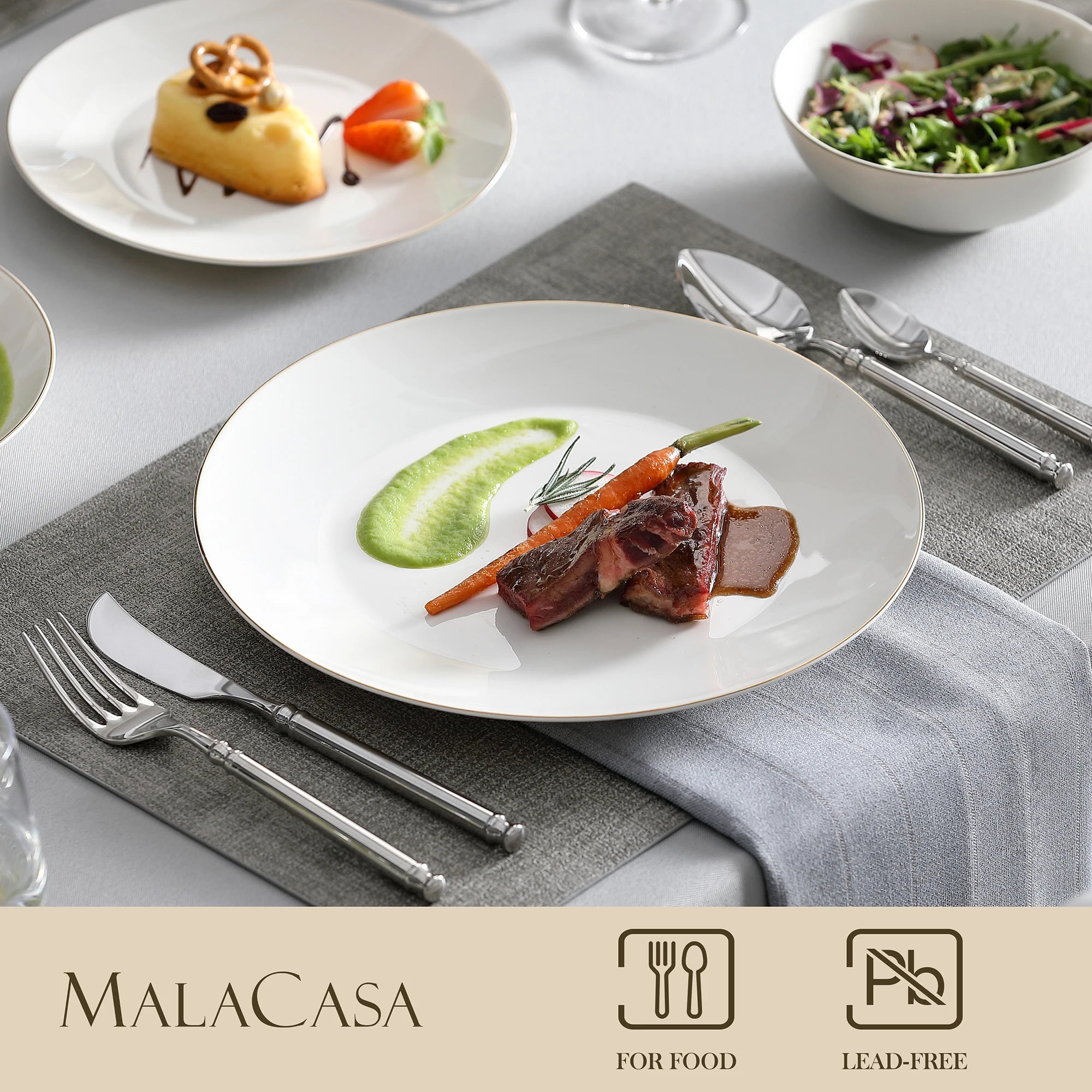 MALACASA Jera Gold Trim - Round Bone China Dinnerware Set - 16 or 32 Pieces